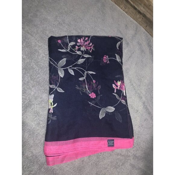 Joules Clothing Great Britain Semi sheer long Wrap Scarf Blue Floral Pink Hem - Picture 3 of 5
